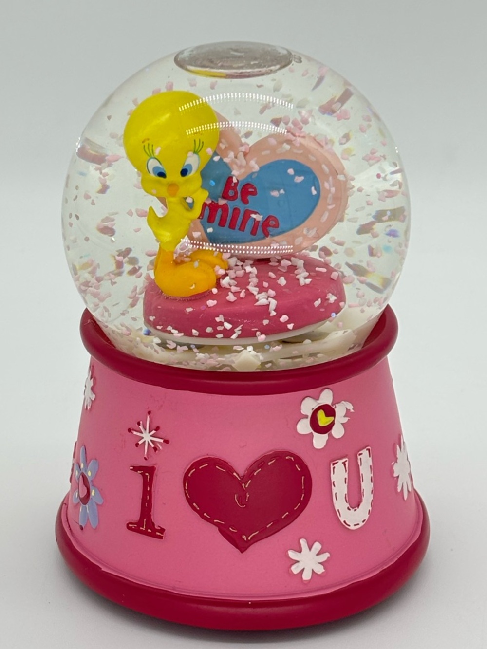 Vtg 90s Cartoon Yellow Bird Snow Globe Music Box Be Mine Valentine Pink Decor